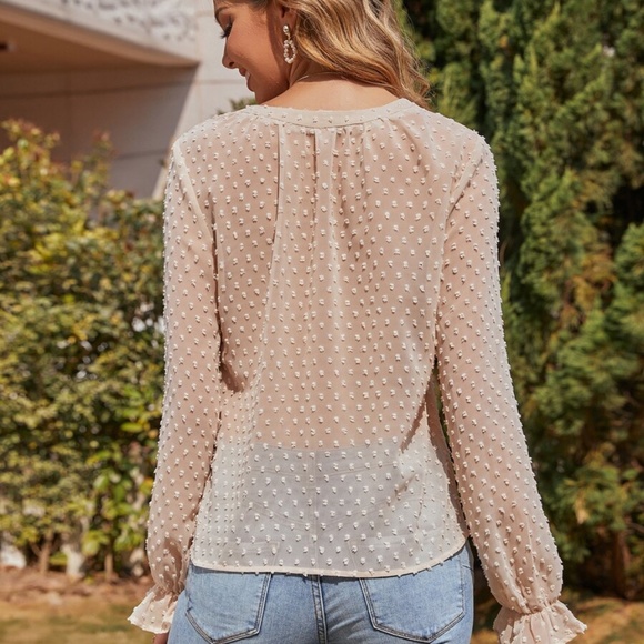 swiss dot v neck button chiffon long sleeve top - Picture 11 of 16